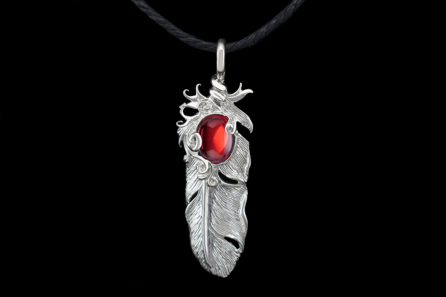 Feather pendant  Red cabochon Silver pendant for her