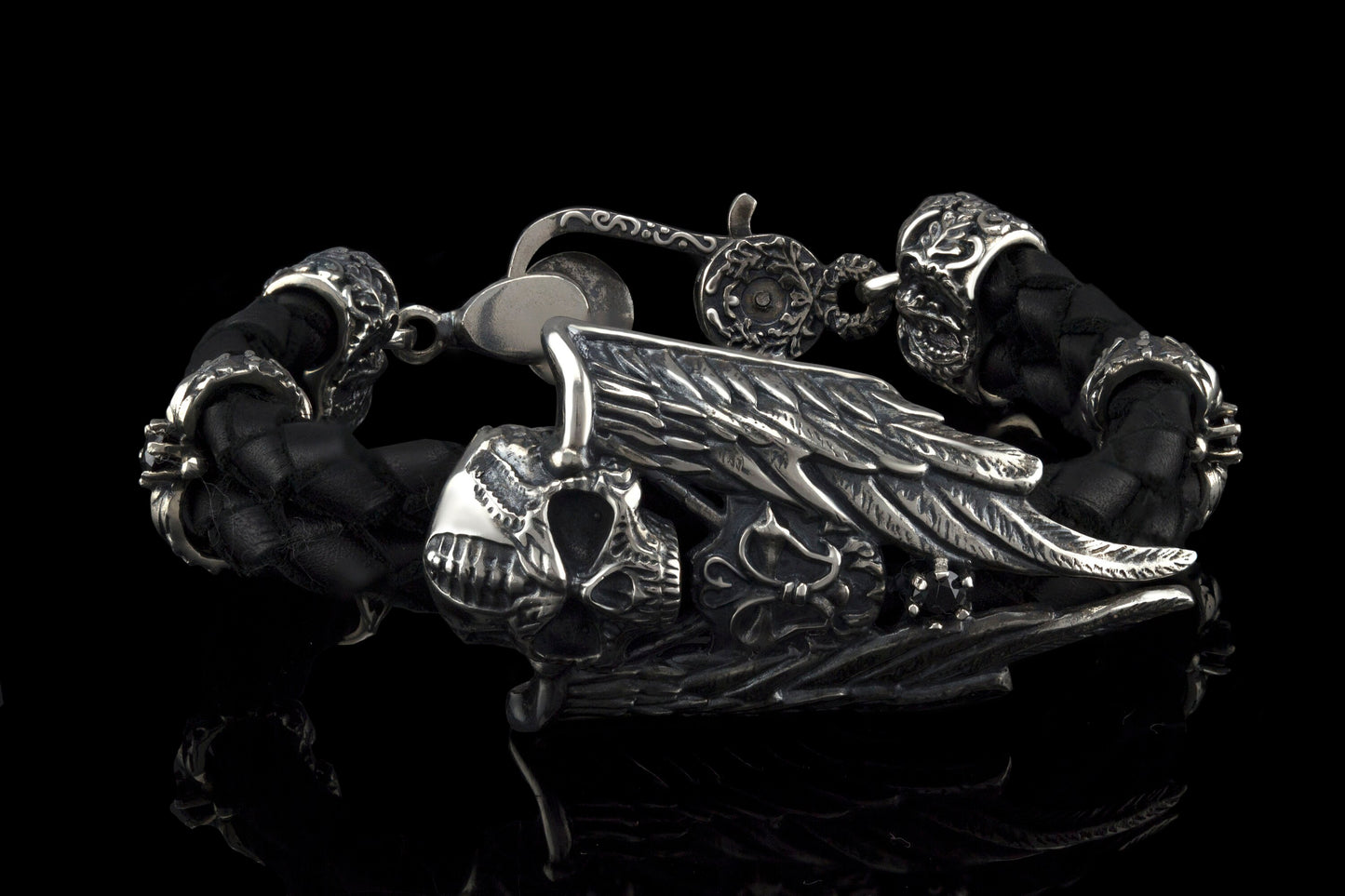 Skull bracelet Silver men's bracelet Leather bracelet Men's leather Skull leather bracelet Bikers jewelry Sterling silver jewelry Blade