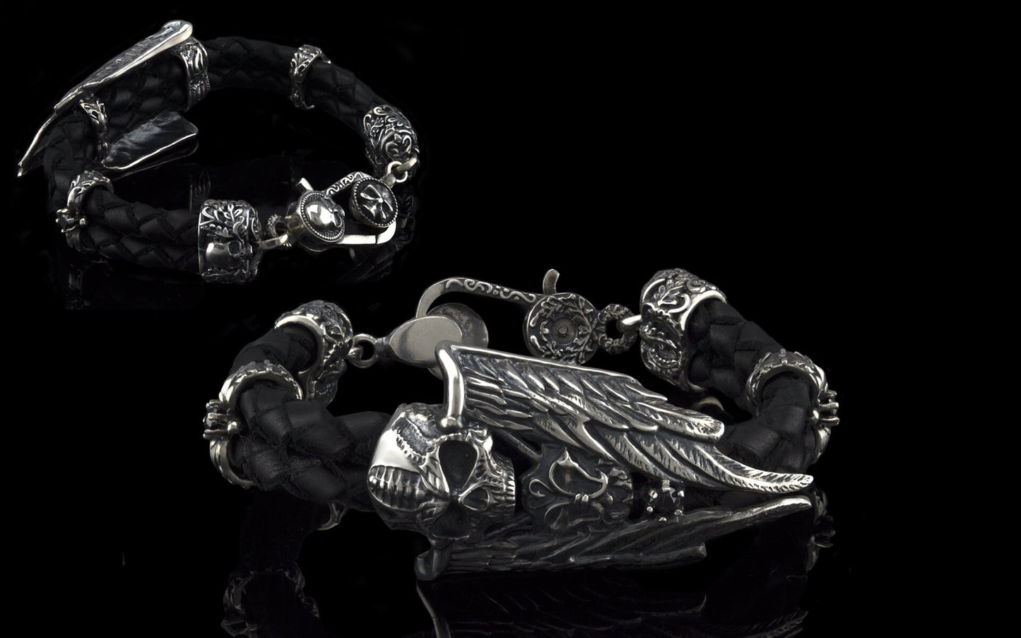 Skull bracelet Silver men's bracelet Leather bracelet Men's leather Skull leather bracelet Bikers jewelry Sterling silver jewelry Blade