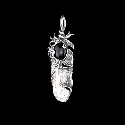 Feather pendant Silver pendant Red cabochon pendant Silver charm