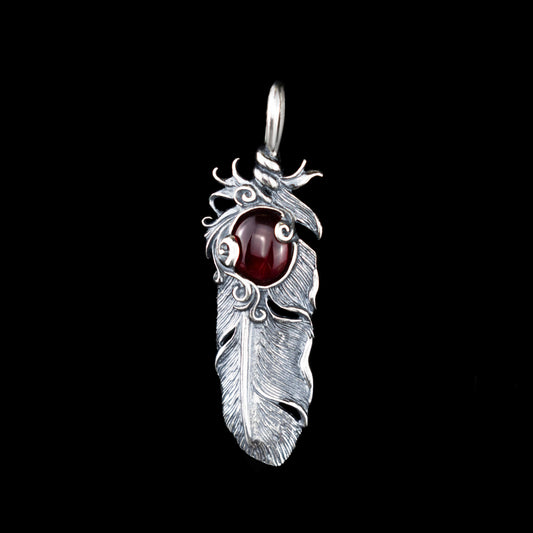 Feather pendant  Red cabochon Silver pendant for her