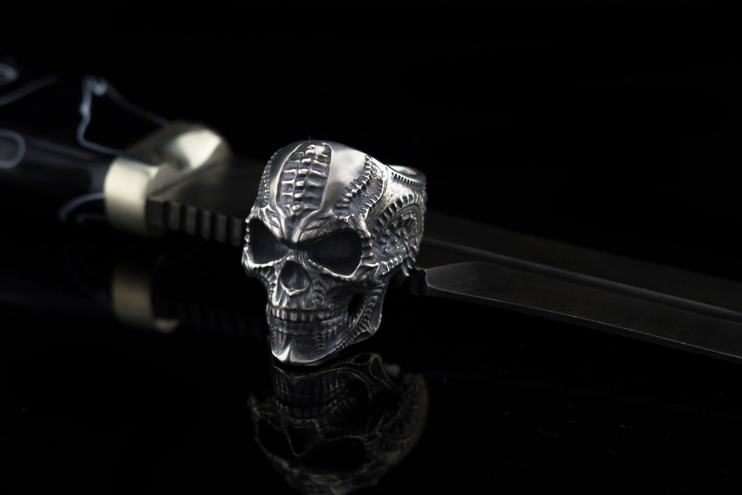 Silver skull ring Biker jewelry  Biomechanical skull ring Silver gift for biker Brutalist jewelry
