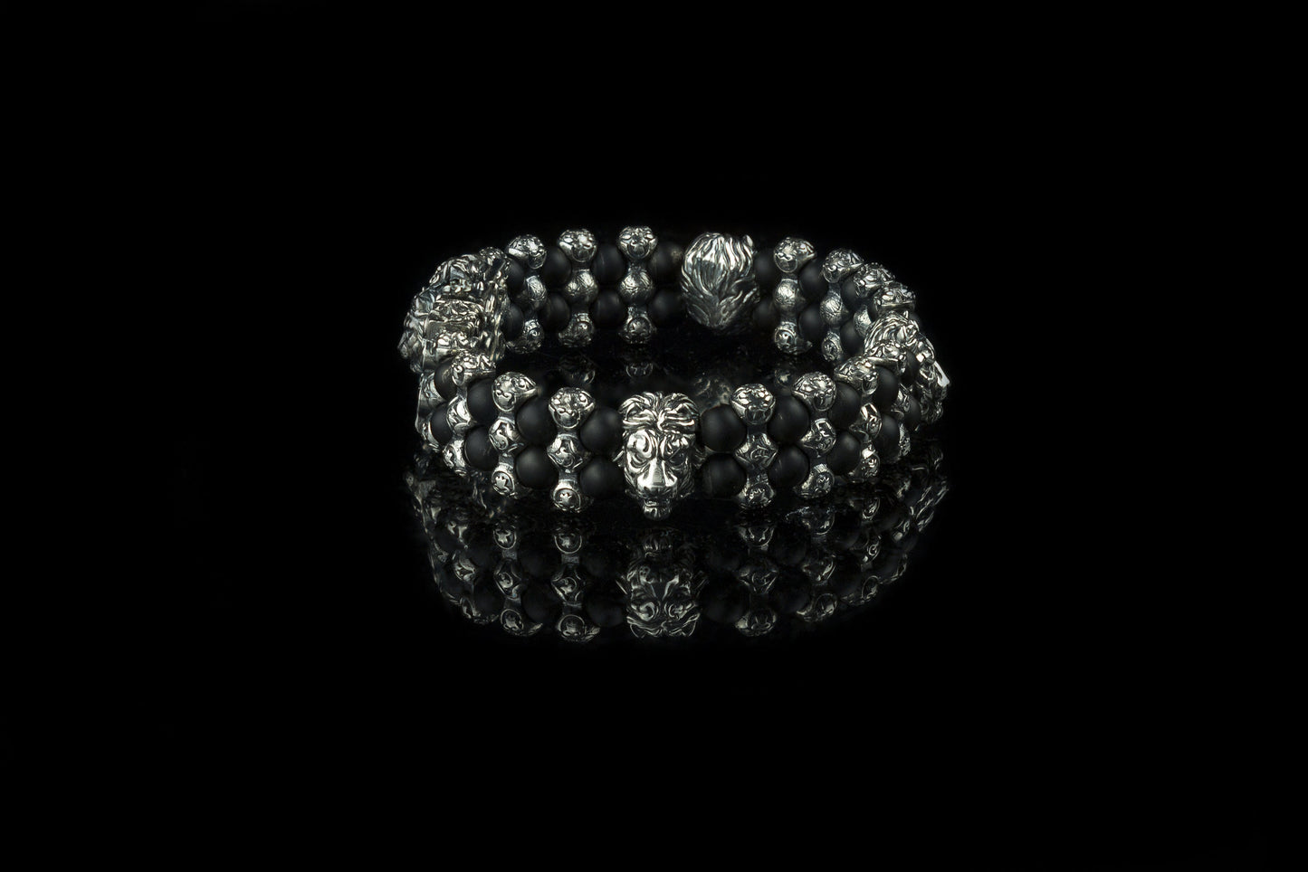 Men beaded bracel, Black bracelet, Agate beads, Sterling silver Savage Rock