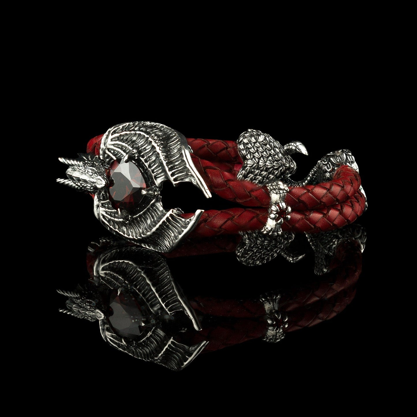 Dragon bracelet with gemstones and red leather
