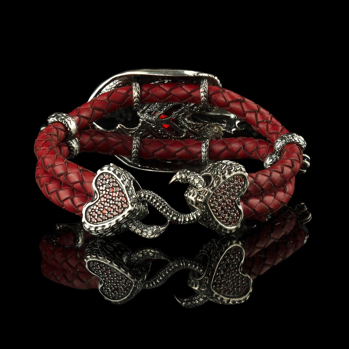 Dragon bracelet with gemstones and red leather