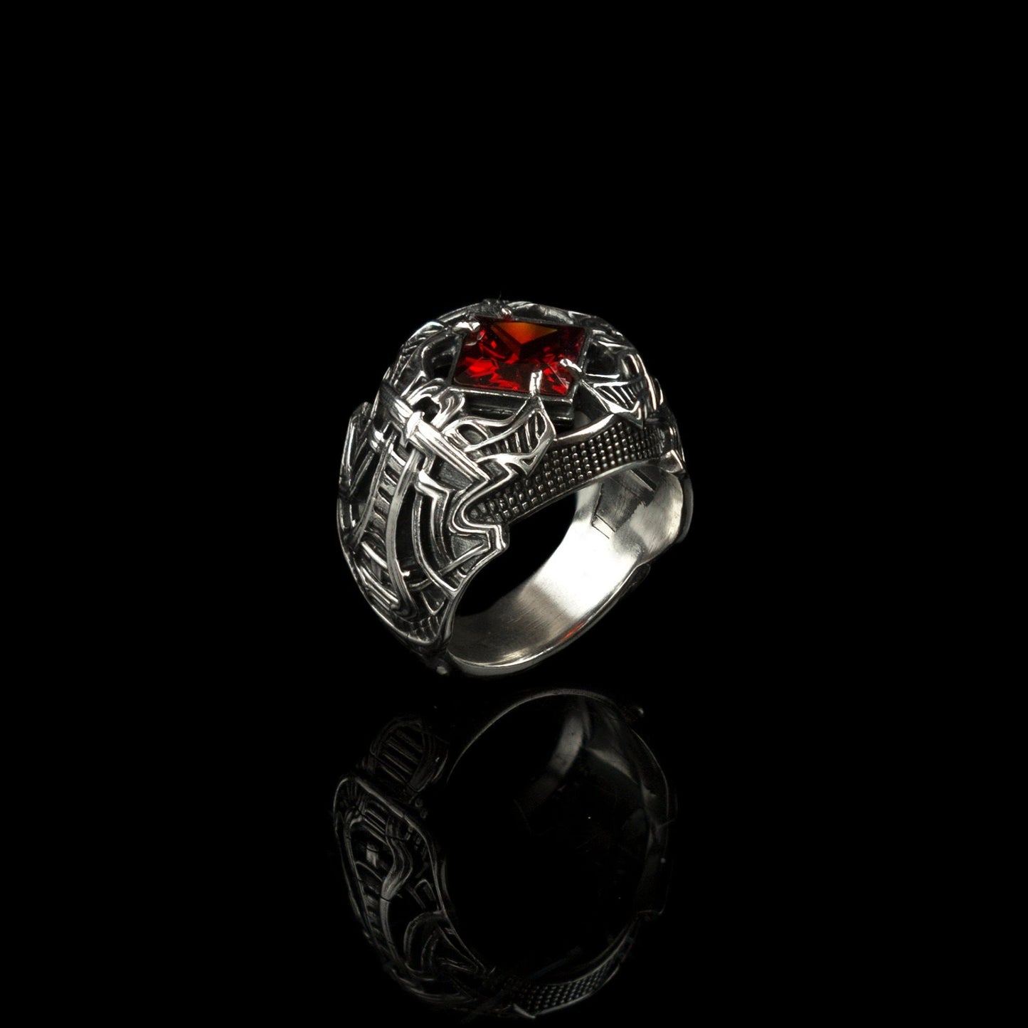 Garnet brutal men ring 13 Size Sterling silver Heavy jewelry Biker ring Mens Medieval