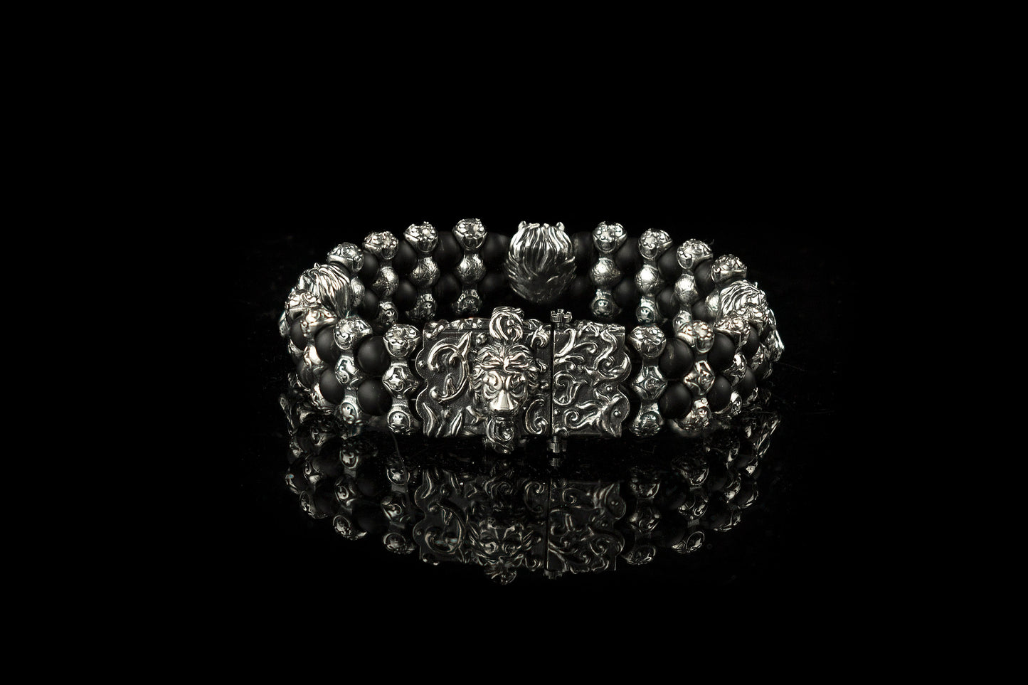 Men beaded bracel, Black bracelet, Agate beads, Sterling silver Savage Rock