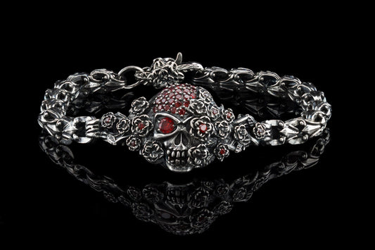 Women's skull bracelet  Gothic women's bracelet Silver skull jewelry  Garnet Brutalist bracelet