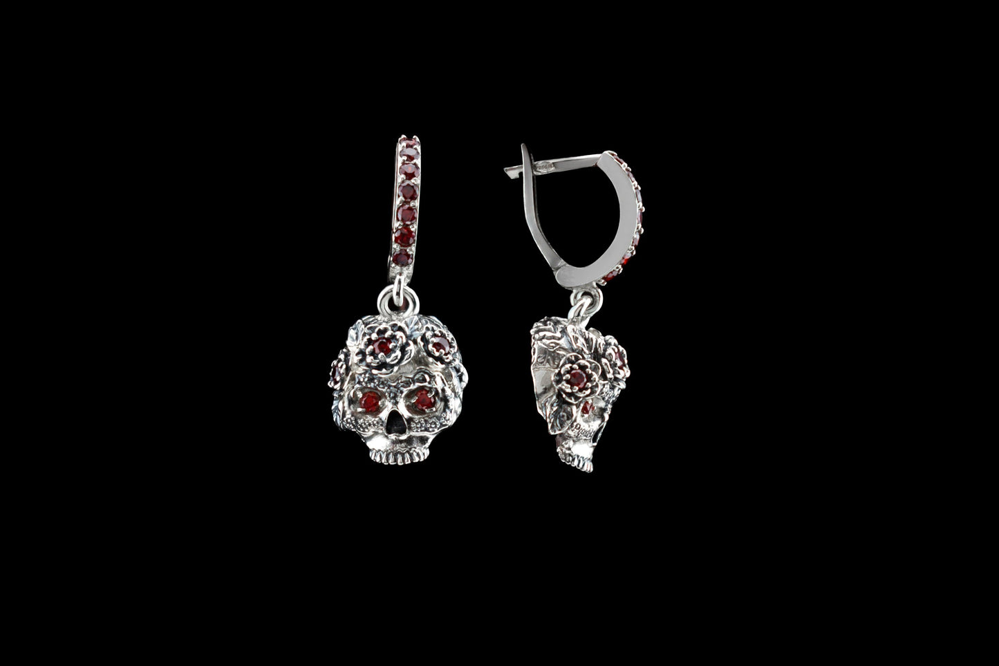 925 steeling silver skull earrings  Skull women jewelry Gothic jewelry Red gemstones Women skull earring Biker jewelry