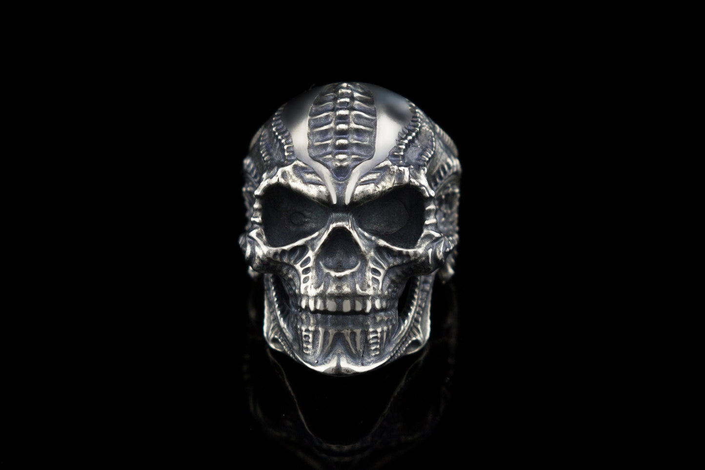 Silver skull ring Biker jewelry  Biomechanical skull ring Silver gift for biker Brutalist jewelry