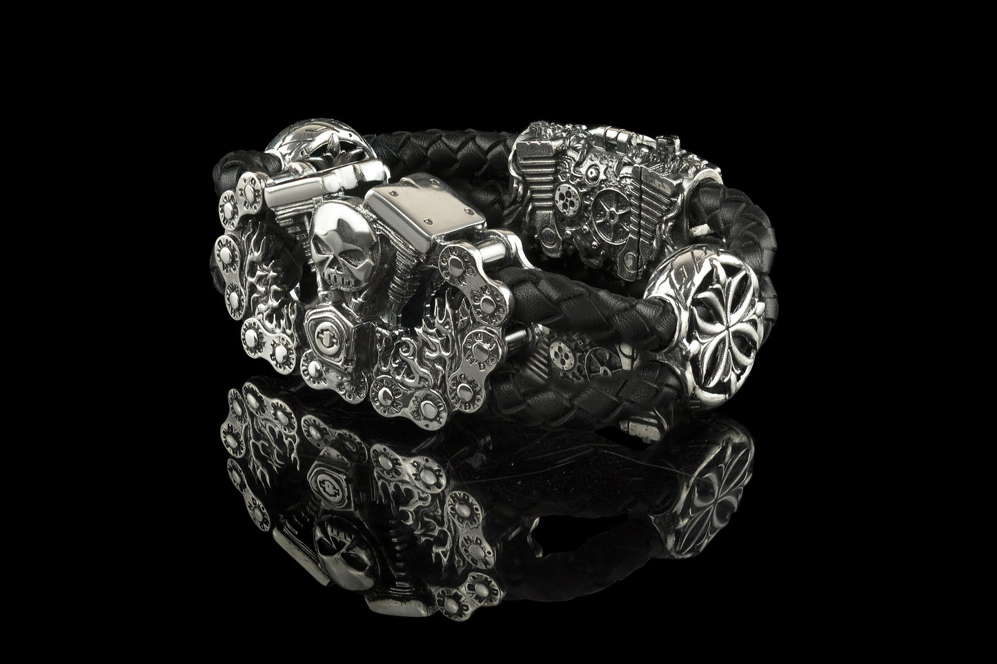 Skull bracelet Silver biker bracelet V-twin bracelet Heavy jewelry Leather and silver bracelet