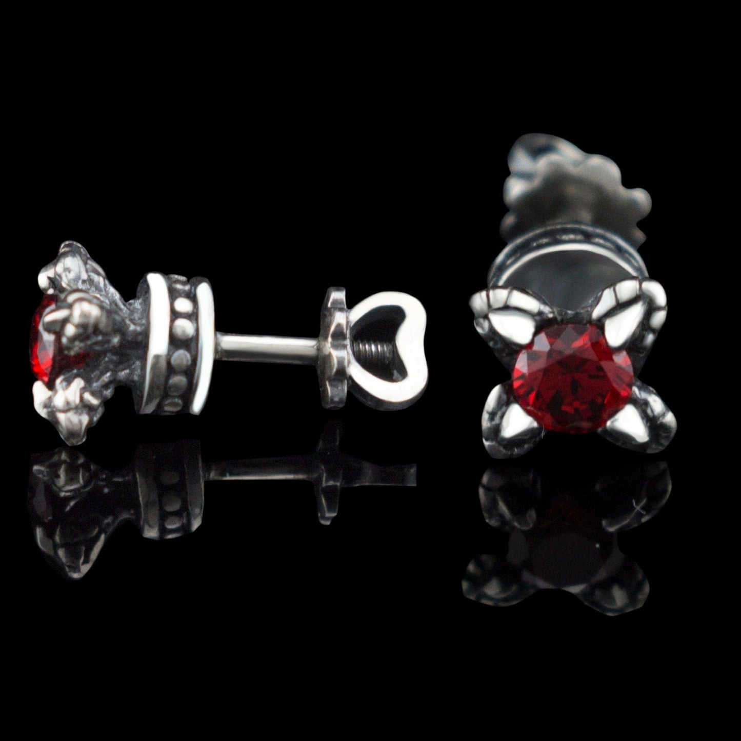 Black silver studs with gemstones Screw back silver earrings