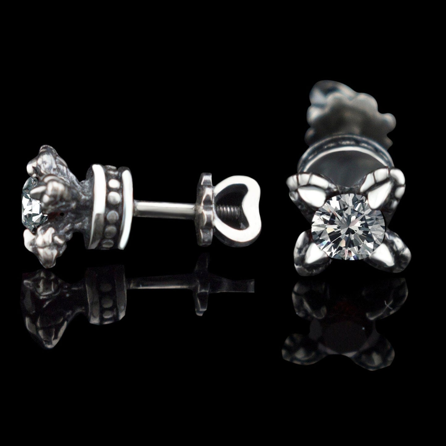 Black silver studs with gemstones Screw back silver earrings
