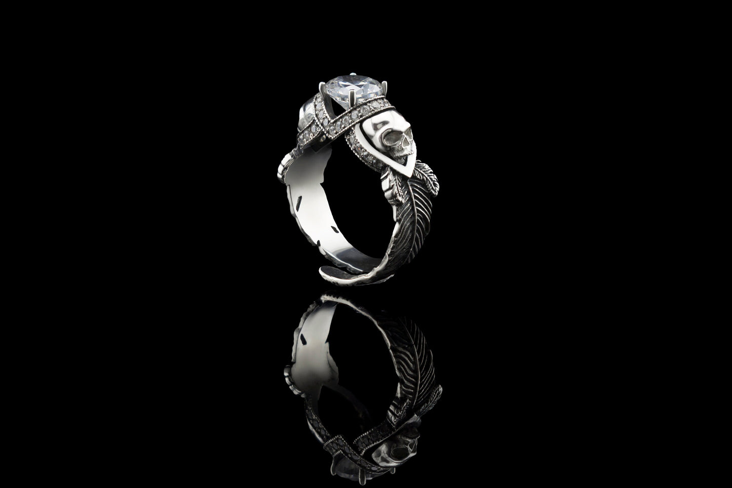 Adjustable skull ring Silver skull ring Adjustable ring Feather Skull jewelry