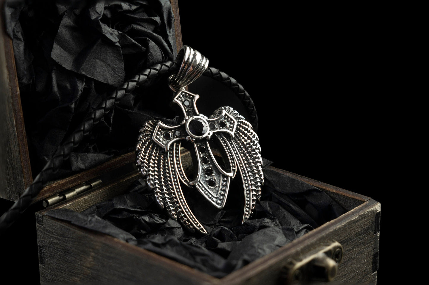 Heavy cross Silver cross pendant Biker jewelry Angel cross Gemstones cross black