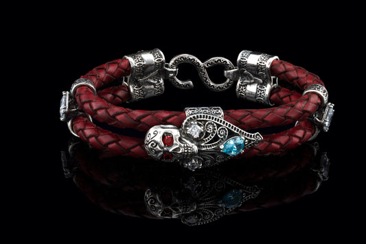 Women's skull bracelet Matilda Skull jewelry Sterling silver 925 Red leather