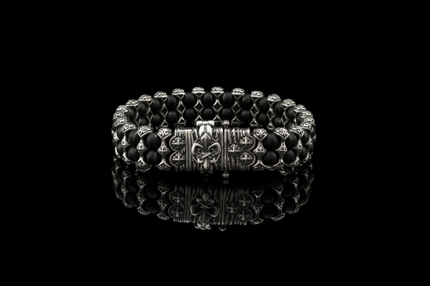 Heavy silver bracelet Onyx  bracelet Beaded bracelet  Biker jewelry