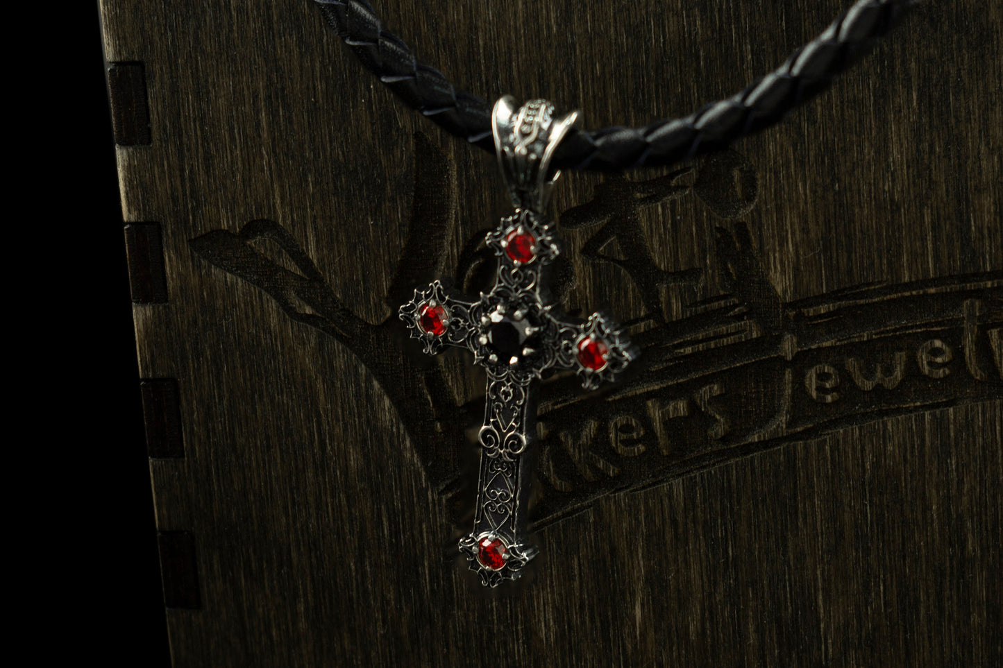 Gothic сross Silver cross necklace Cross with leather cord Black and red