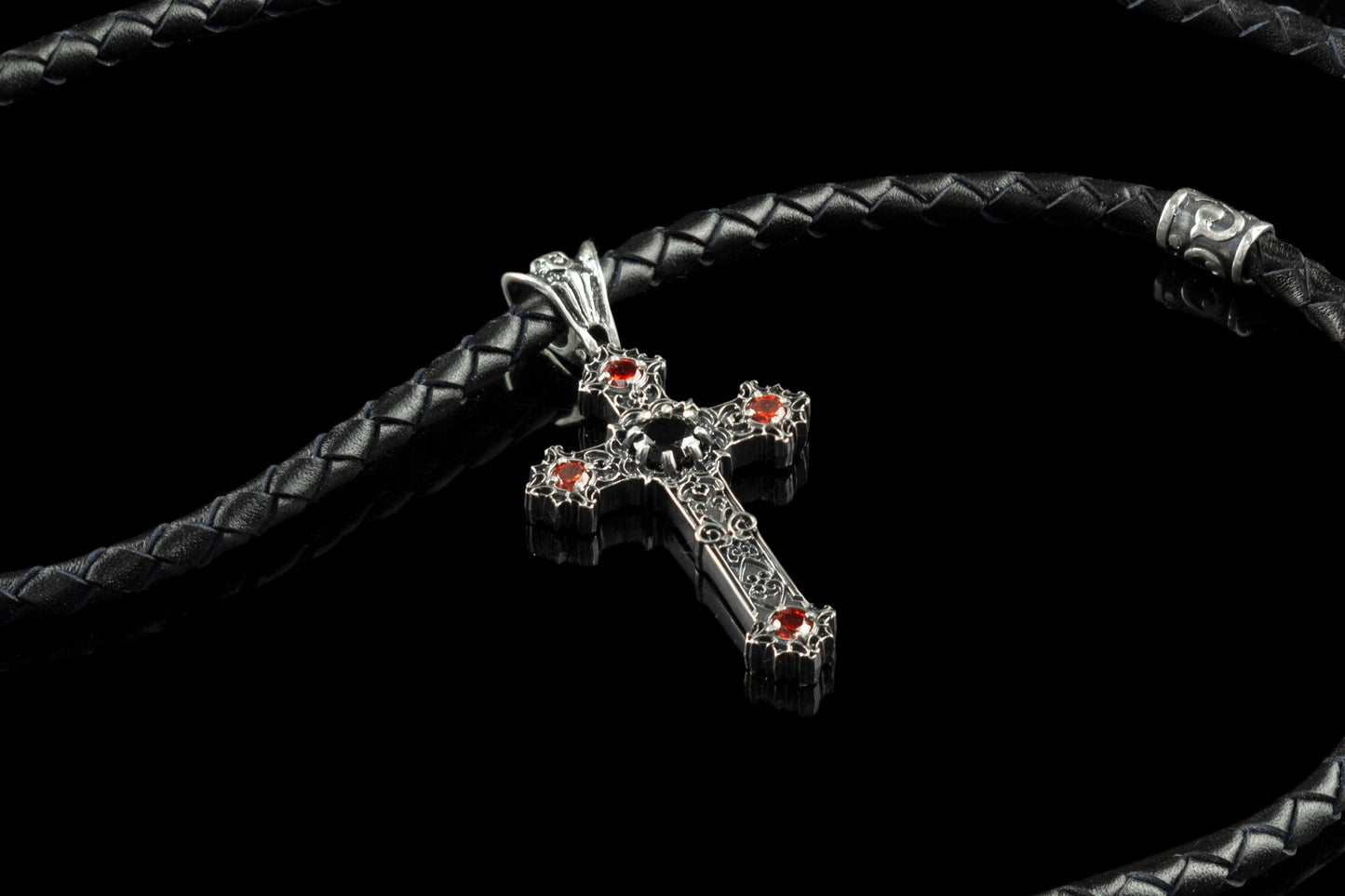 Gothic сross Silver cross necklace Cross with leather cord Black and red
