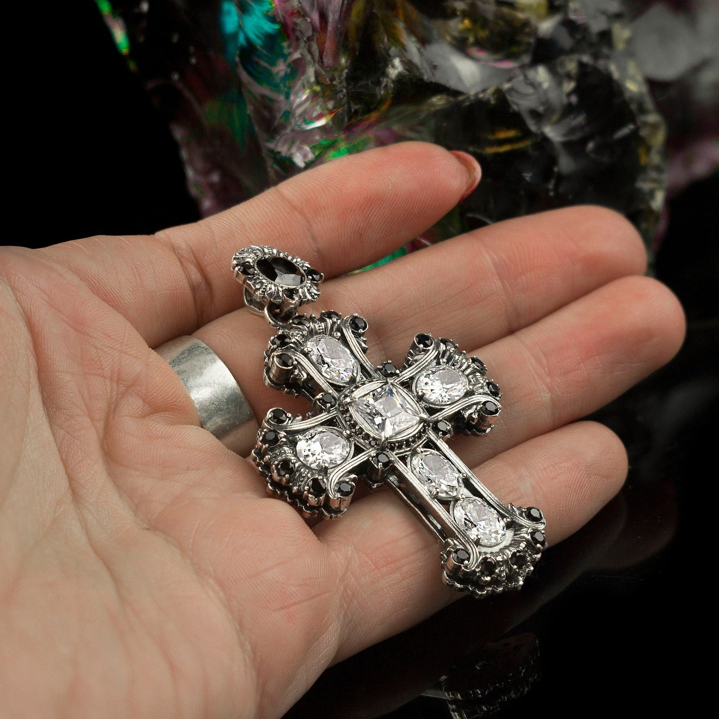 Brilliant crystal cross Women's silver cross Black cross  Victorian jewelry Medieval Cross Women's pendant cross Antique Style jewelry