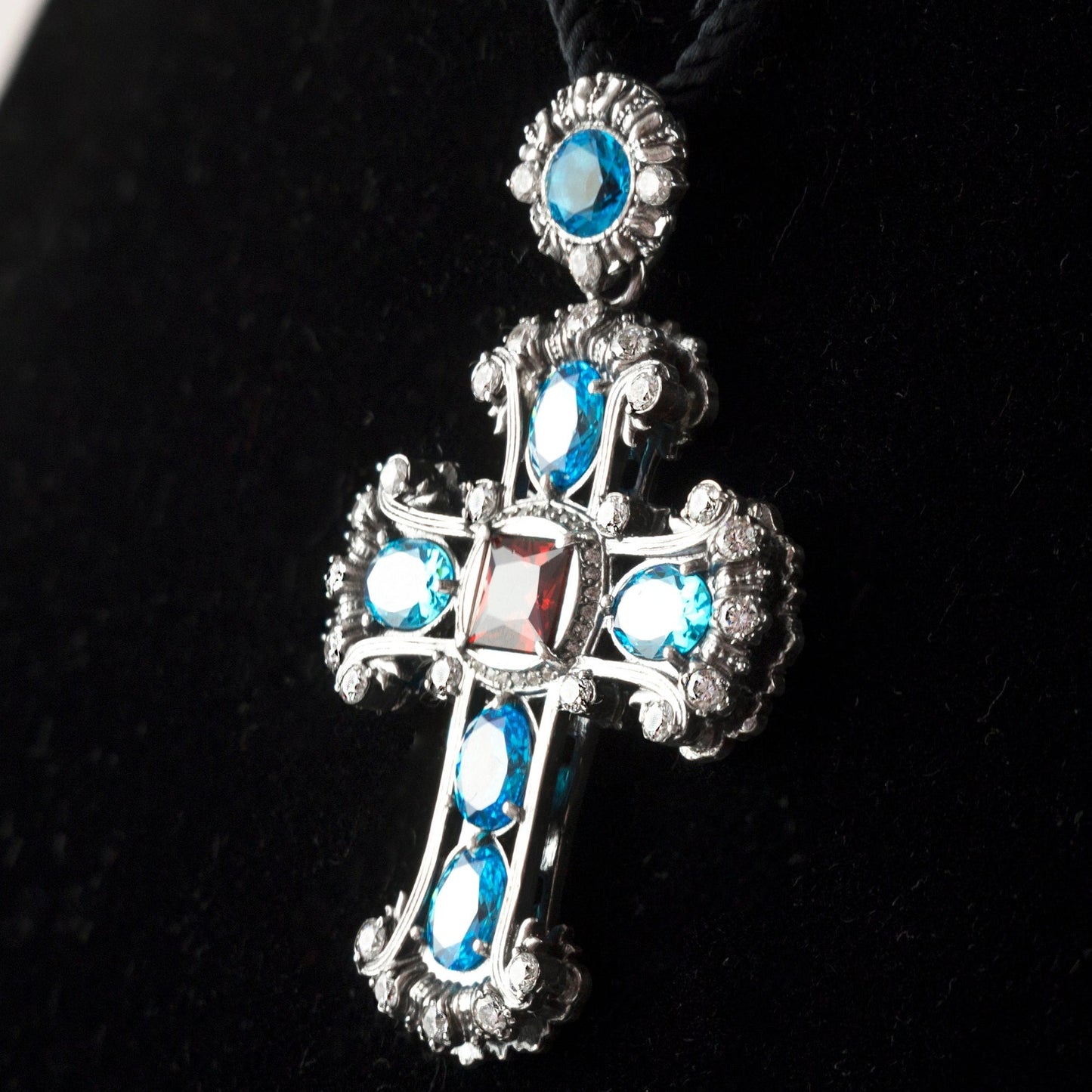 Blue and red crystal cross Women's silver cross Black cross  Victorian jewelry Medieval Cross Women's pendant cross Antique Style jewelry