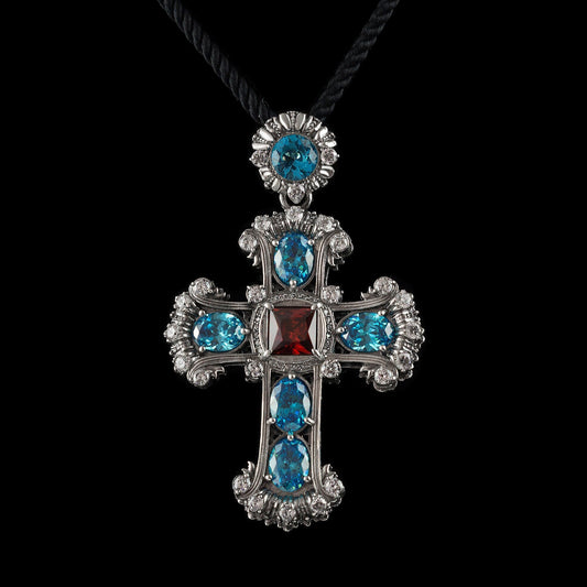 Blue and red crystal cross Women's silver cross Black cross  Victorian jewelry Medieval Cross Women's pendant cross Antique Style jewelry