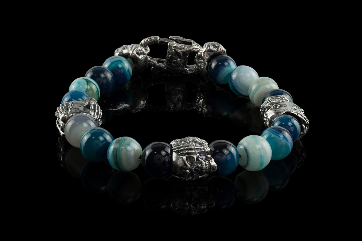 Skull bracelet Agate gemstones Beaded bracelet Silver skull beads See nothing hear nothing say nothing