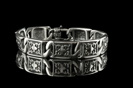Thick silver bracelet Ornament bracelet French style Biker jewelry Heavy mens bracelet