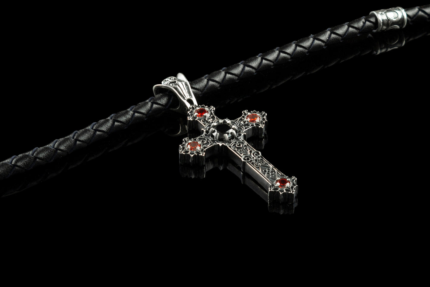 Gothic сross Silver cross necklace Cross with leather cord Black and red