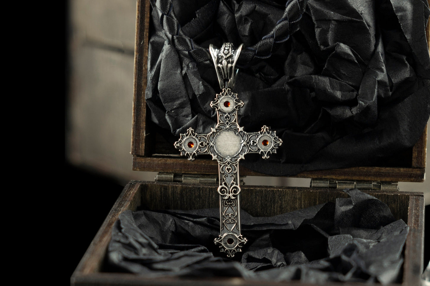 Gothic сross Silver cross necklace Cross with leather cord Black and red
