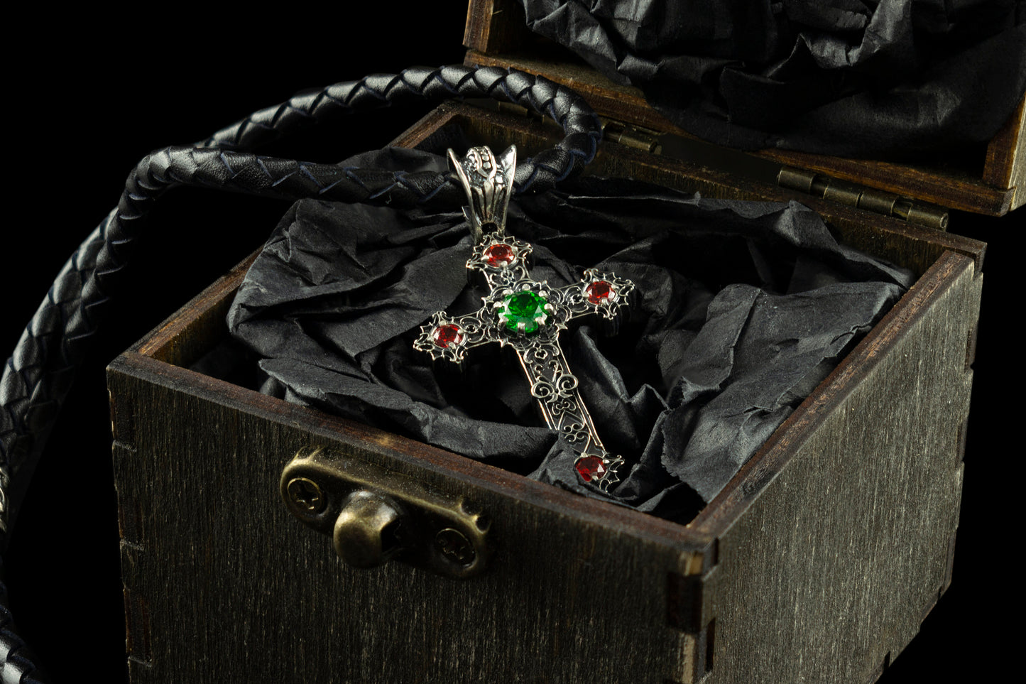 Gothic сross Silver cross necklace Cross with leather cord Green and red