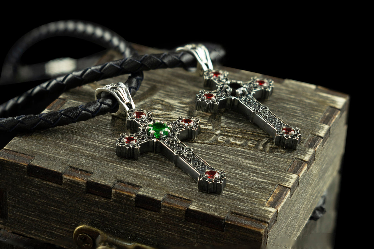 Gothic сross Silver cross necklace Cross with leather cord Green and red