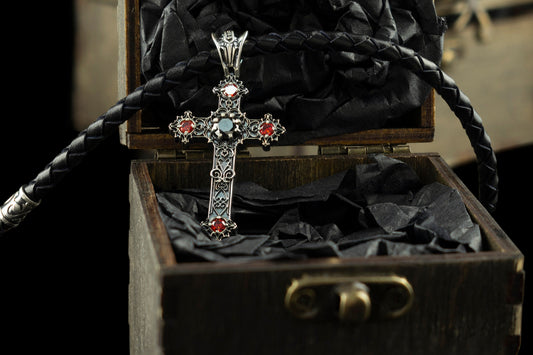Gothic сross Silver cross necklace Cross with leather cord Black and red