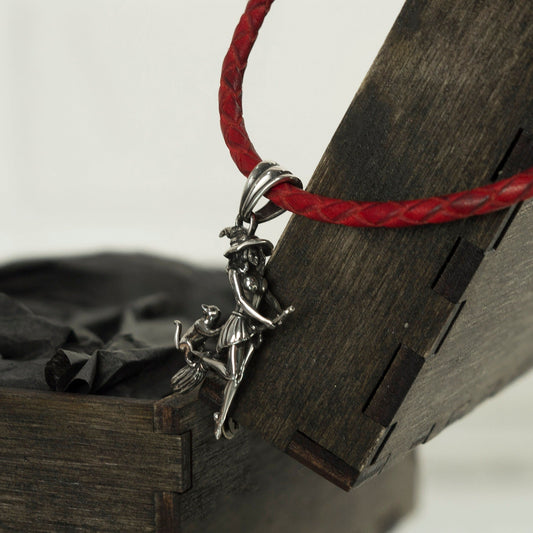 Flying witch with cat pendant with red leather necklace  Silver witch on a Broomstick  Witches jewelry