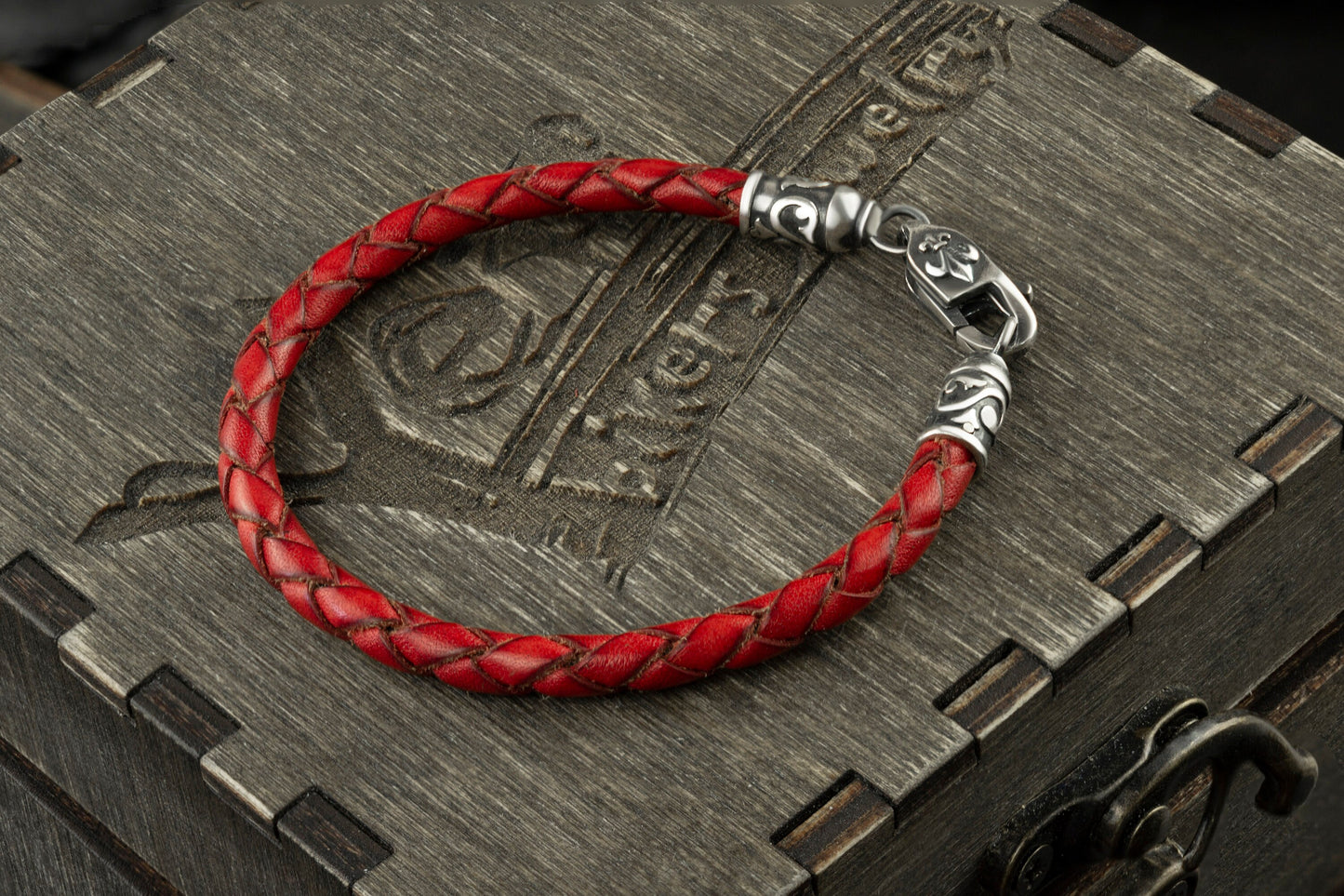 Red leather bracelet with silver claps Red bracelet for beads