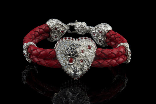 Women skull bracelet Silver skull jewelry Red leather Gothic jewelry