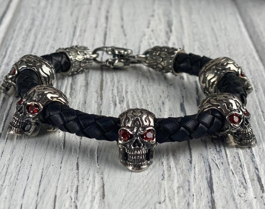 Silver skulls bracelet With red gems Black leather bracelet with skulls  Leather bracelet with silver skulls