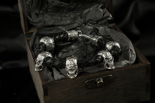 Silver skulls bracelet Black leather bracelet with skulls  Leather bracelet with silver skulls