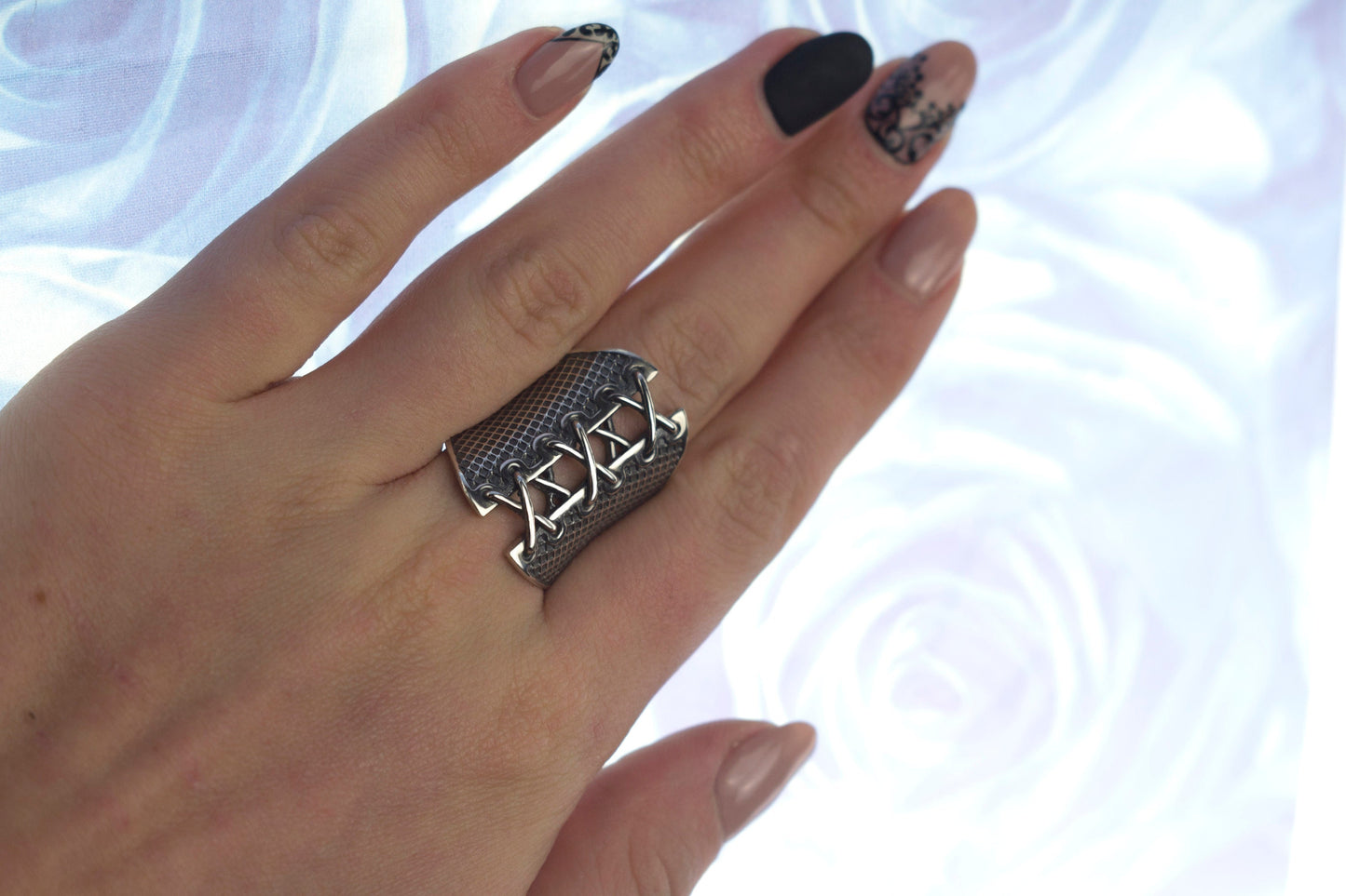 Corset Ring Goth jewelry Gothic silver ring  Wide Band ring, Gift For Women Mesh corset