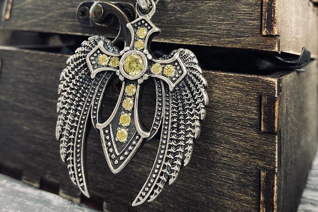 Angel cross Silver pendant Biker jewelry Cross with wings CZ cross
