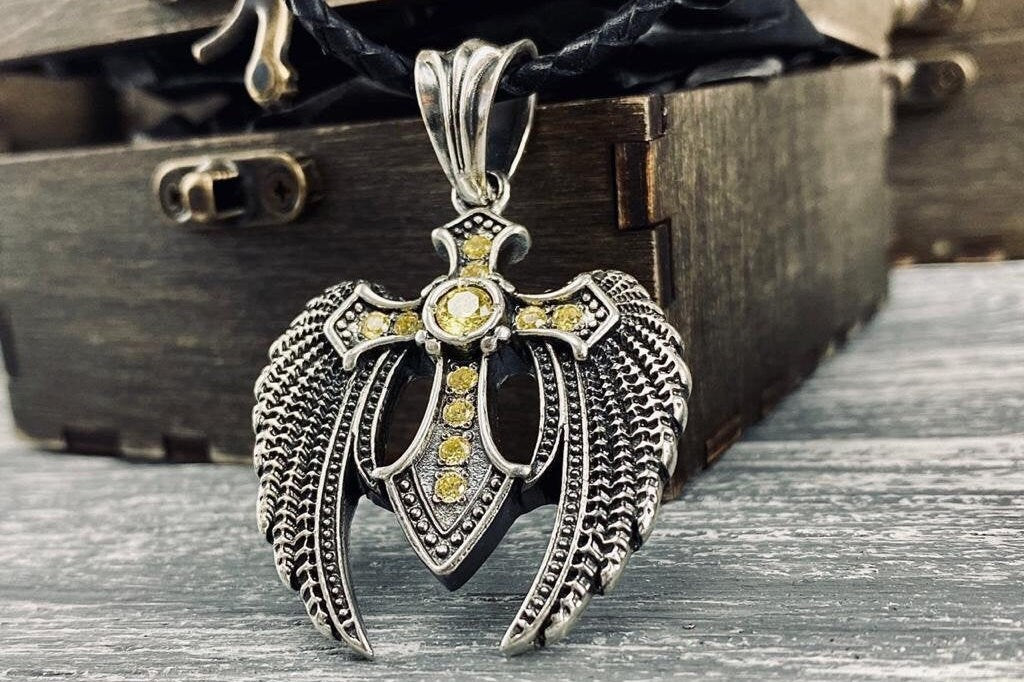 Angel cross Silver pendant Biker jewelry Cross with wings CZ cross