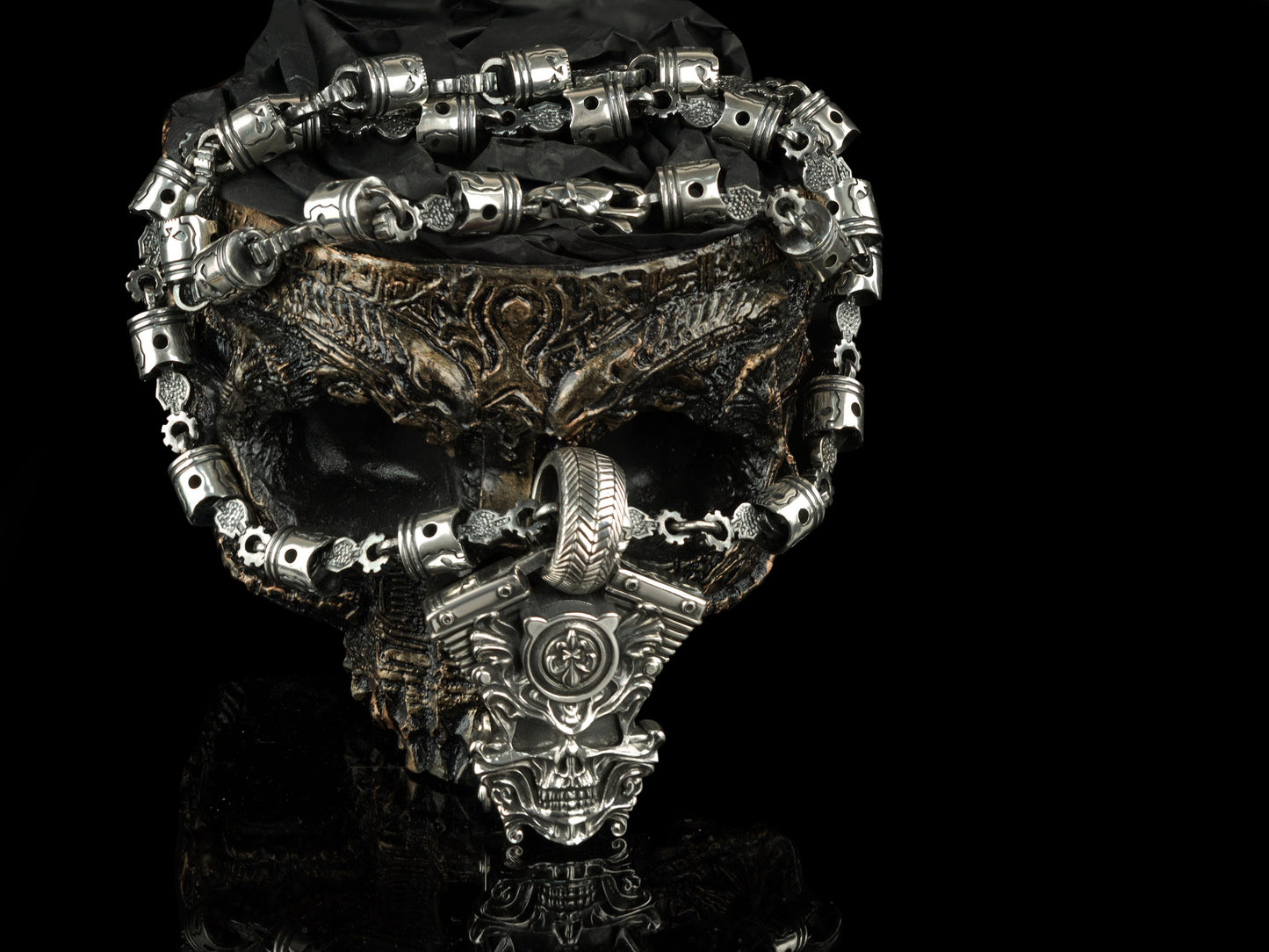 Biker pendant V-twin engine Silver skull jewelry  Motorcycle motor pendant Gift for biker Skull pendant  Huge pendant