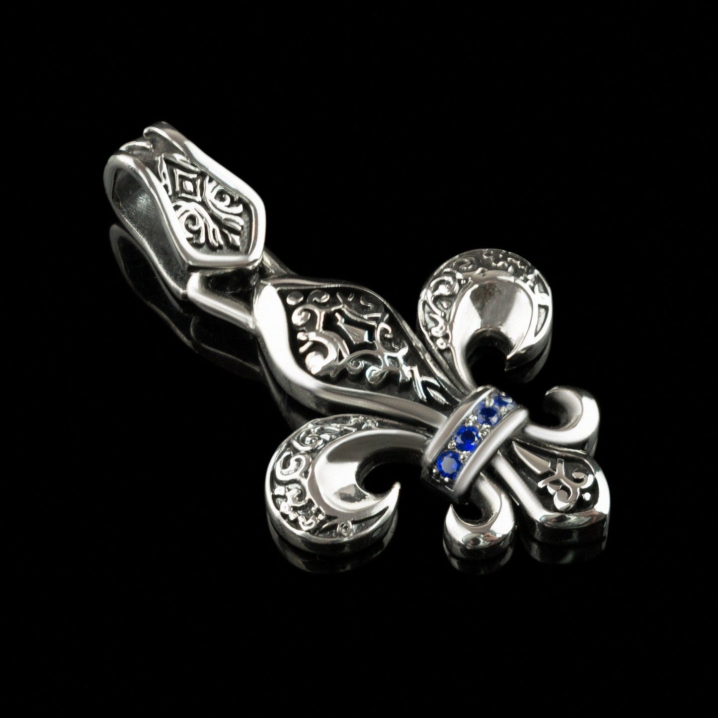 Fleur de lis pendant French lily  jewelry with sapphire gems Brutalist silver pendant