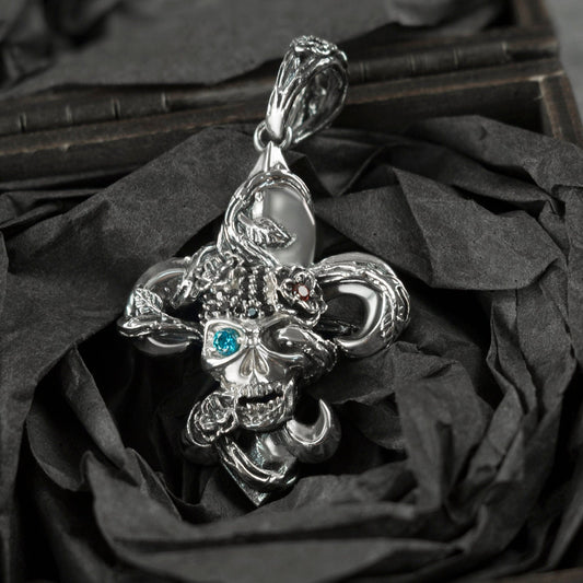 Fleur de Lis Skull pendant Gemstones silver pendant French lily jewelry with skull