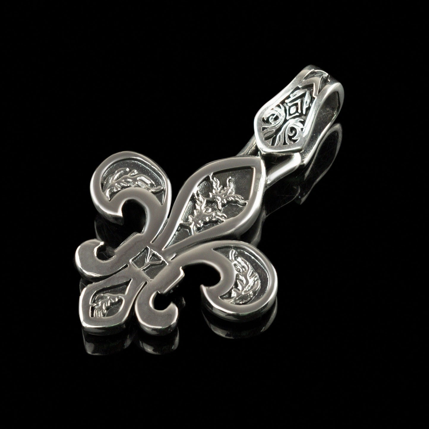 Fleur de lis pendant French lily  jewelry with sapphire gems Brutalist silver pendant