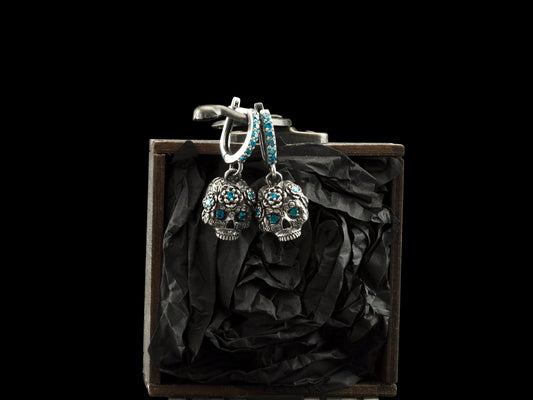 Women's skull earrings Sterling silver jewelry Blue gemstones skull