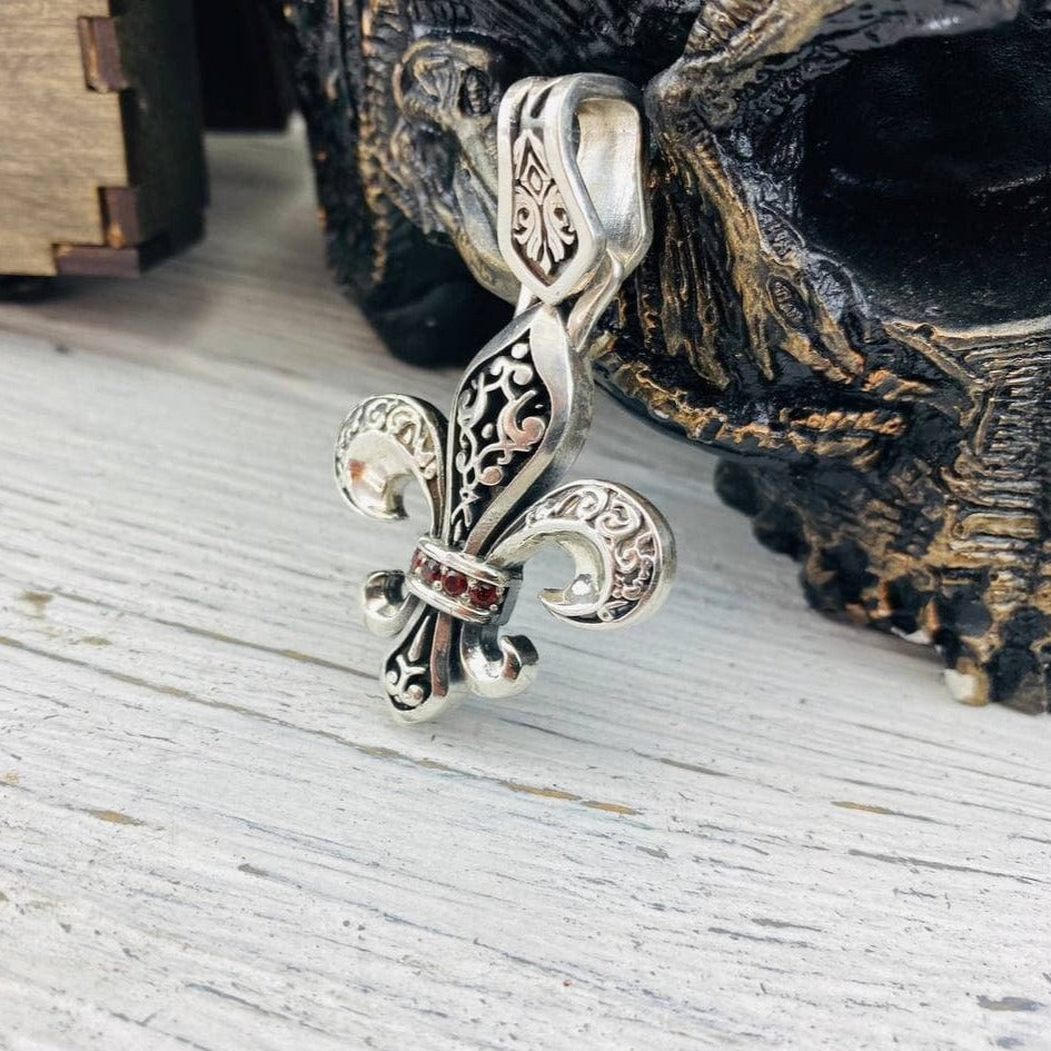 Fleur de lis silver pendant with natural garnet  French lily  jewelry Biker pendant