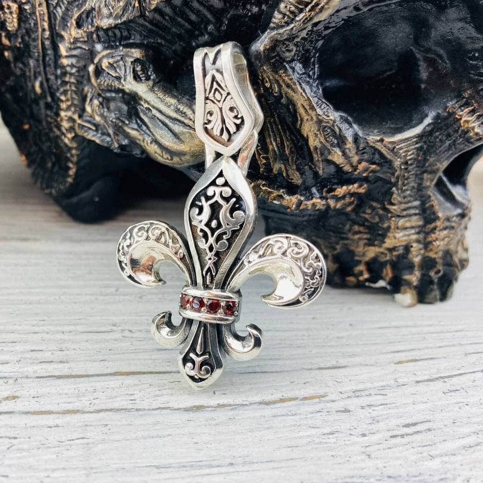 Fleur de lis silver pendant with natural garnet  French lily  jewelry Biker pendant