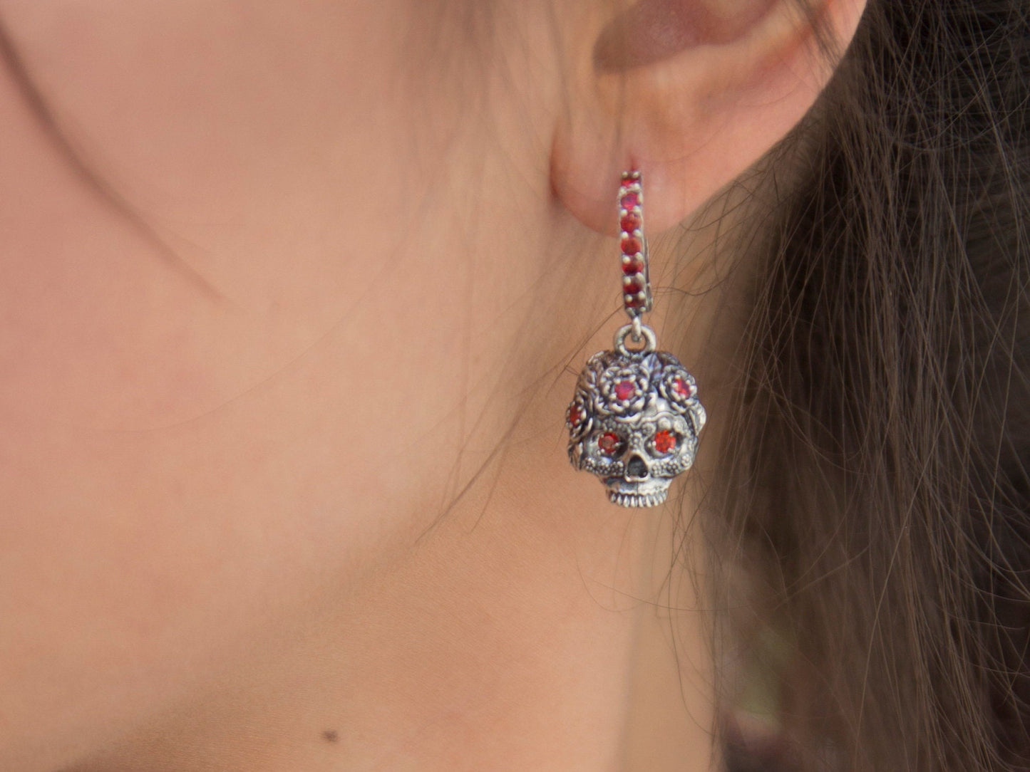 925 steeling silver skull earrings  Skull women jewelry Gothic jewelry Red gemstones Women skull earring Biker jewelry