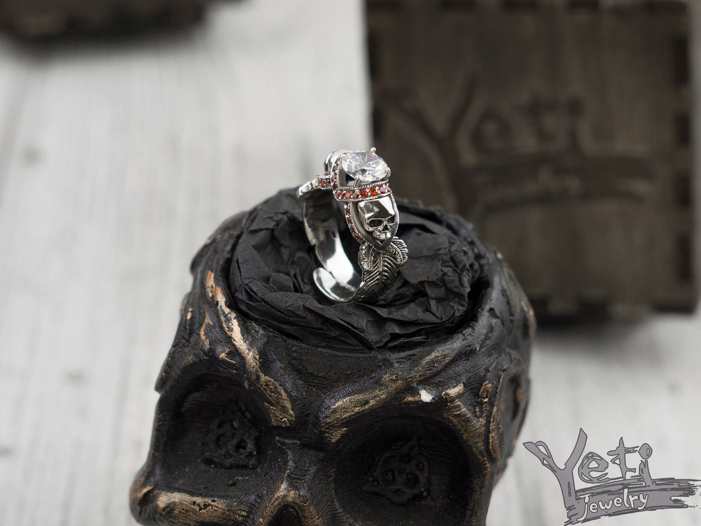 Adjustable women's  skull ring Silver skull ring Feather ring Skull jewelry
